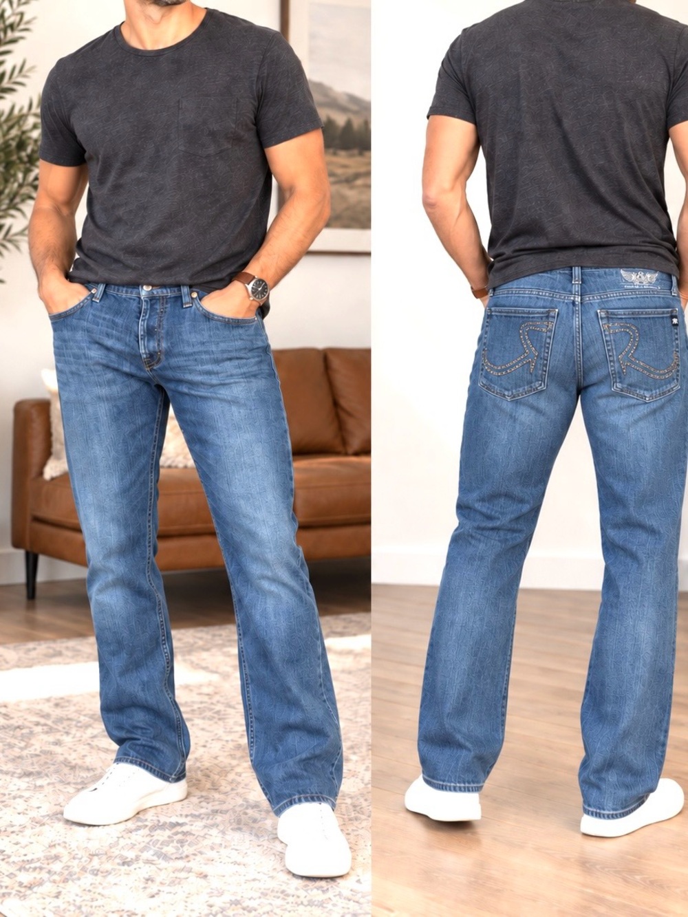 Rock & Republic Men's Medium Blue Wash Straight Jeans 36W32L